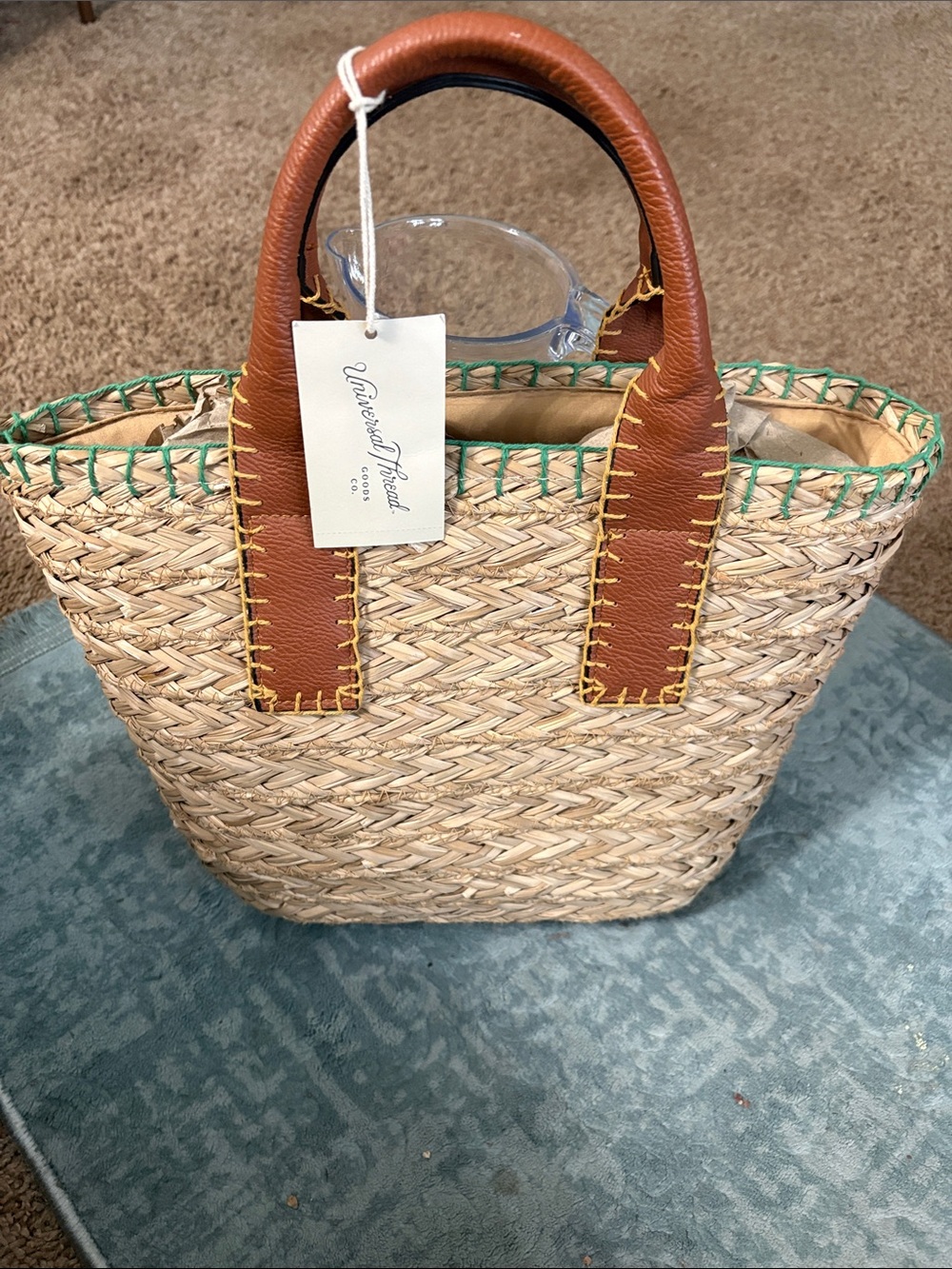 Universal Thread Natural Straw Tote with Brown Handles and Green Trim
